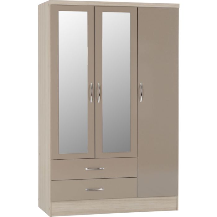 NEWBIGGIN 3 Door Mirrored Wardrobe with 2 Drawers Light Oak and Beige - 116cm