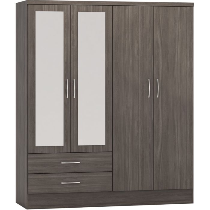 NEWBIGGIN 4 Door Mirrored Wardrobe with 2 Drawers Grey Oak - 154cm