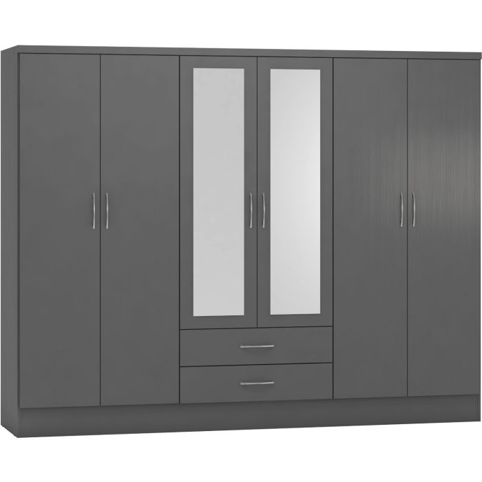 NEWBIGGIN 6 Door Mirrored Wardrobe with 2 Drawers Grey - 230cm