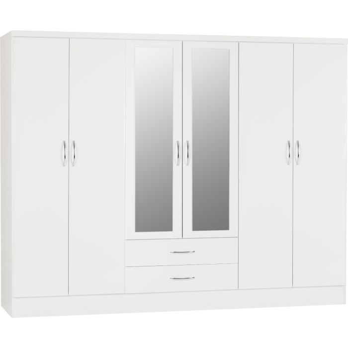 NEWBIGGIN 6 Door Mirrored Wardrobe with 2 Drawers White Gloss - 230cm