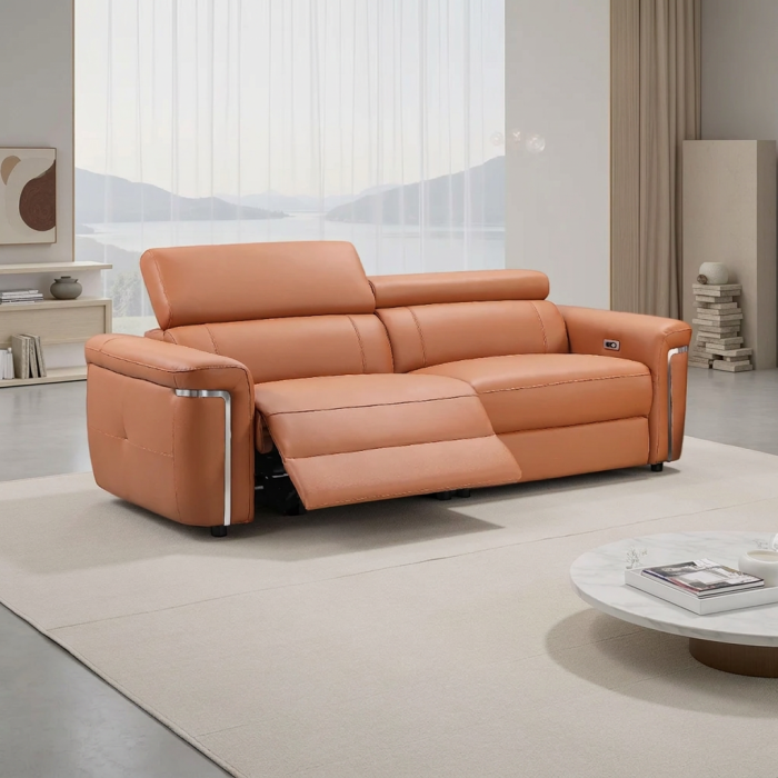 BREVELLO Leather 3 Seater Electric Recliner Sofa - Tan