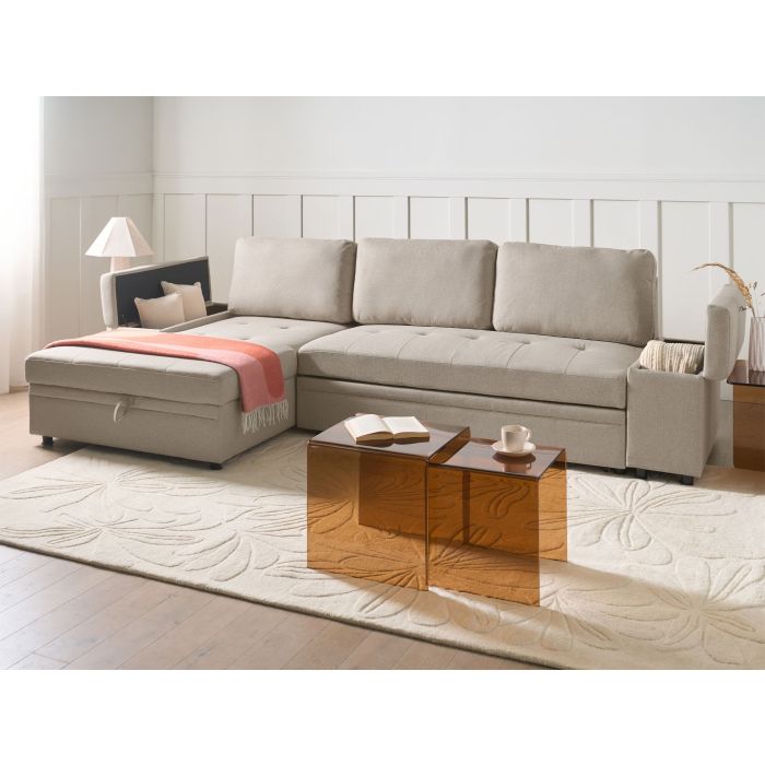 HRESIY Faux Linen 4 Seater L Shaped Corner Sofa Bed - Beige, Left Hand Facing