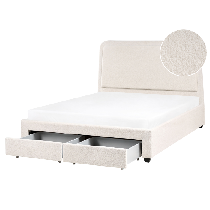 SYRIC Kingsize Boucle Fabric Bedframe with Storage Drawers - Off-White