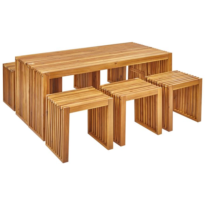 Garden Dining Set with Benches and Stools 6 Seater BELLANO Acacia Wood Brown
