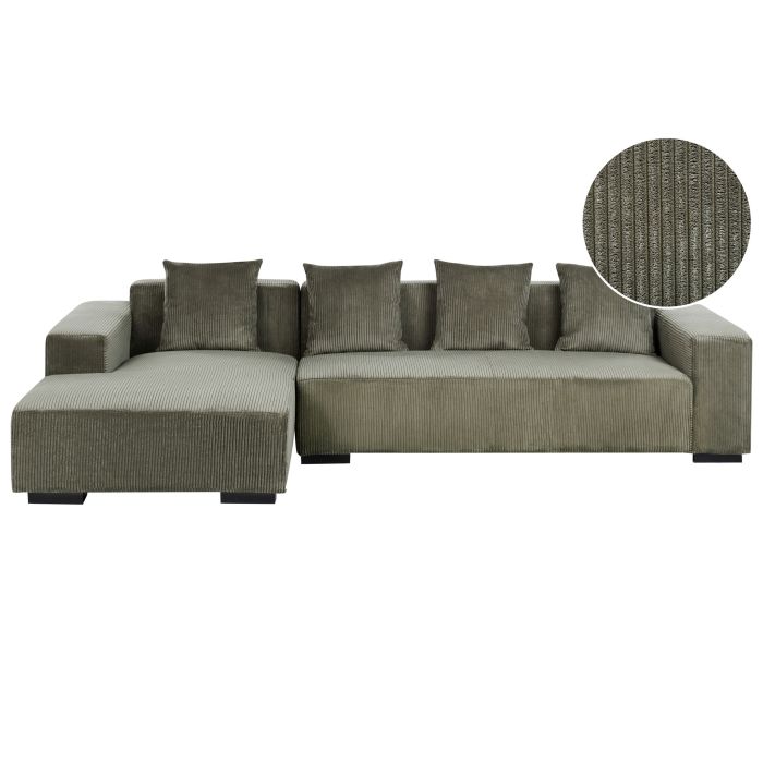 Right Hand Jumbo Cord Corner Sofa Green LUNGO