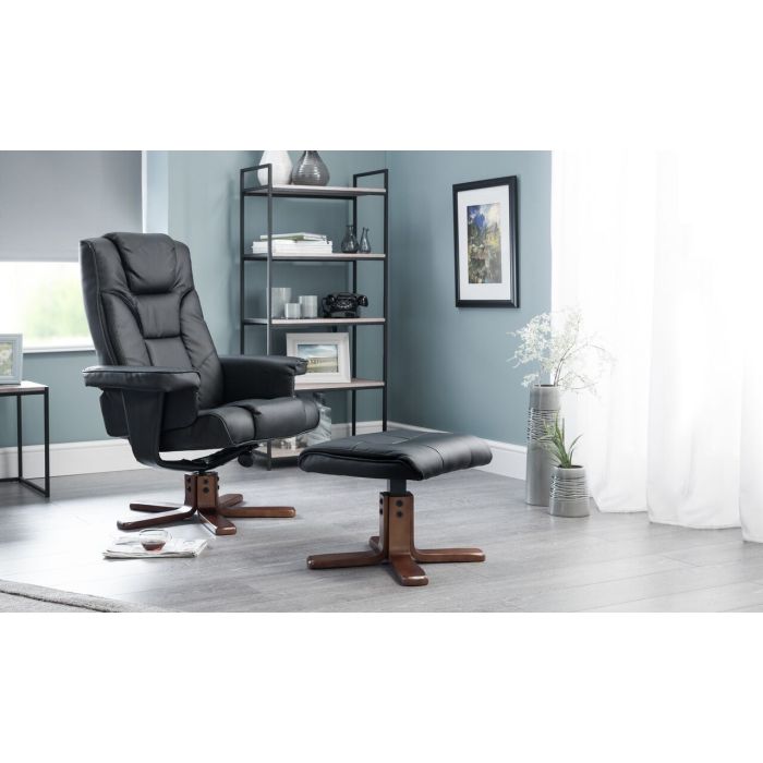 Malmo Faux Leather Massage Swivel Recliner Armchair and Stool - Black