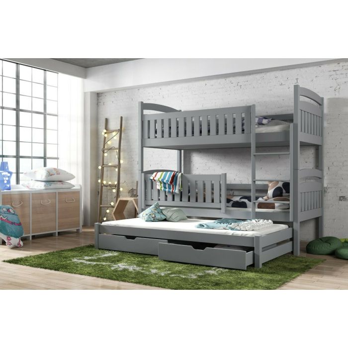 Brenda Wooden 2 Drawers Bunk Bed with Trundle and Foam Mattress - Grey