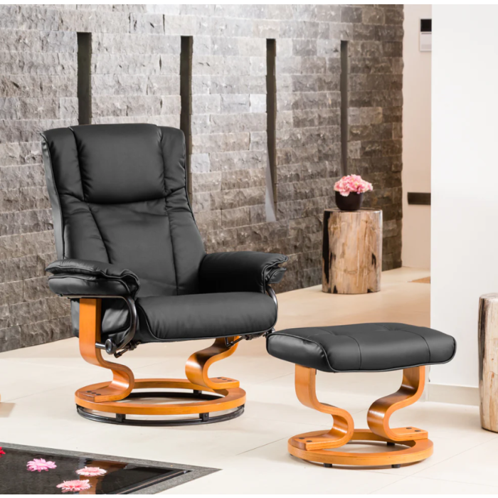 Armchair - MOBELUX Leather Swivel Recliner Chair with Stool - Black