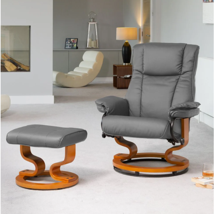 Armchair - MOBELUX Leather Swivel Recliner Chair with Stool - Grey