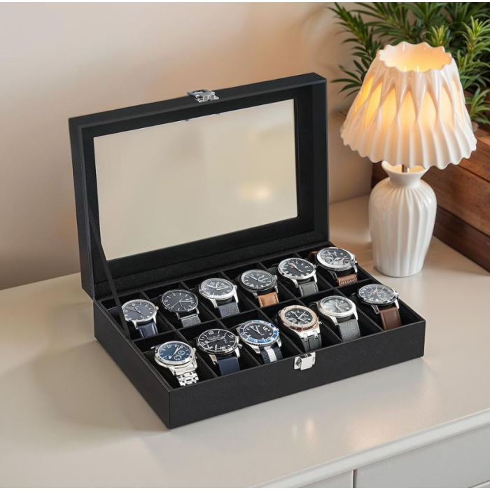 Watch Box - VERRIA 12 Slot Organizer Case with Glass Lid and Removable Pillow - Black
