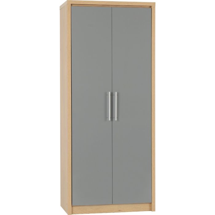 SELSEY 2 Door Wardrobe Grey High Gloss with Light Oak - 76cm