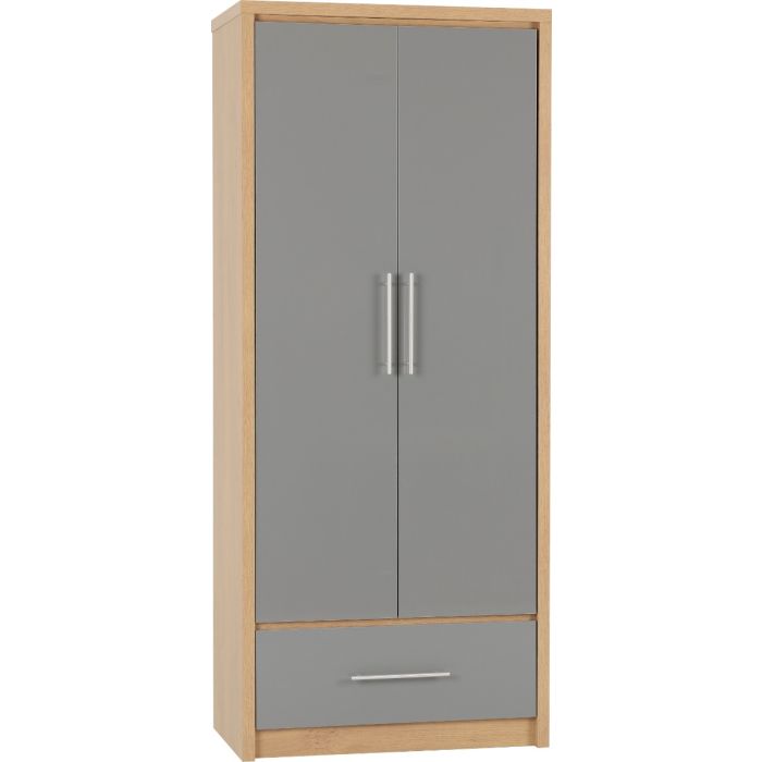 SELSEY 2 Door Wardrobe with 1 Drawer Grey High Gloss with Light Oak - 76cm