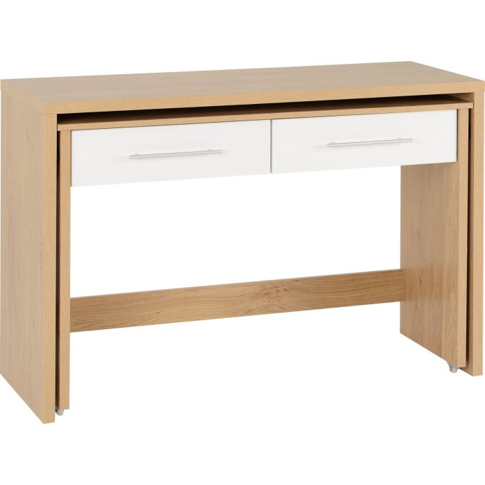 Seville 2 Drawer Slider Desk - White High Gloss Light Oak Effect Veneer