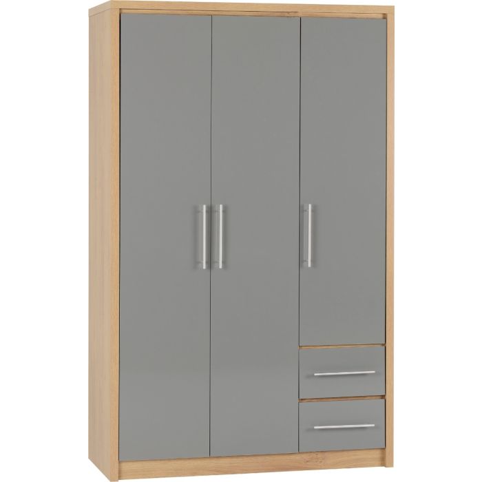 SELSEY 3 Door Wardrobe with 2 Drawers Grey High Gloss with Light Oak - 111cm