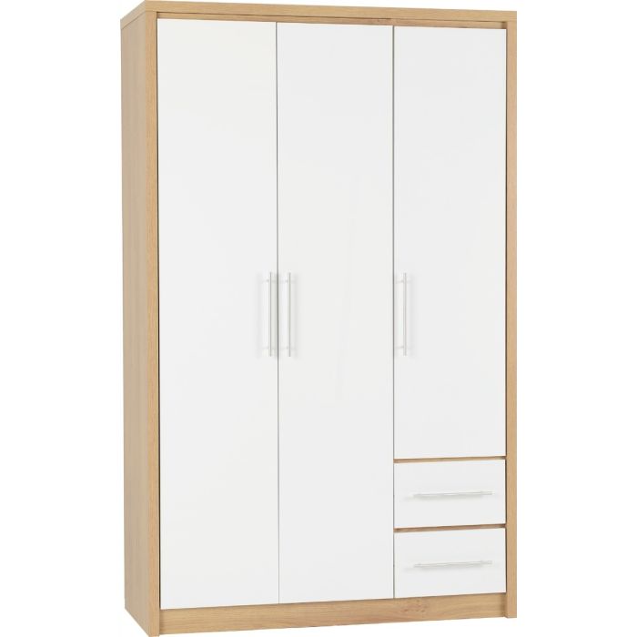SELSEY 3 Door Wardrobe with 2 Drawers White High Gloss with Light Oak - 111cm