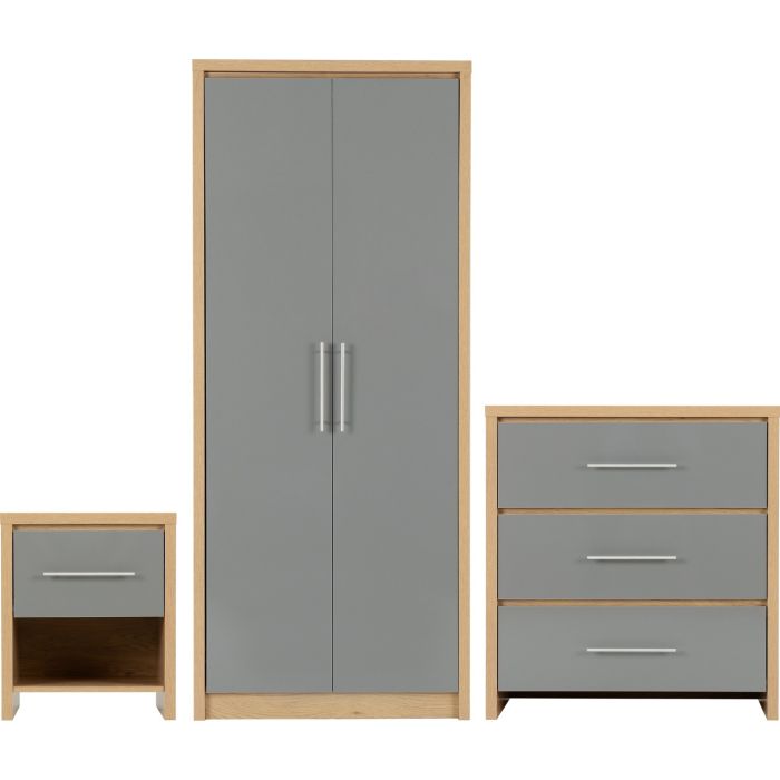 SELSEY 2 Door Wardrobe Set 3 Piece - Grey and Light Oak