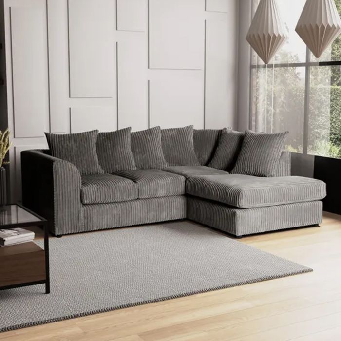 BLAKE Jumbo Cord 4 Seater L Shaped Scatterback Corner Sofa - Grey, Right Hand Facing