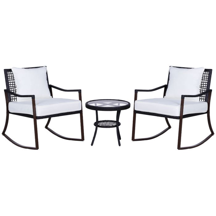 2 Seater Rattan Bistro Set 2 Rocking Armchair with Pillow Cushion & Tempered Glass Round Coffee Table Wicker Weave Furniture, Brown