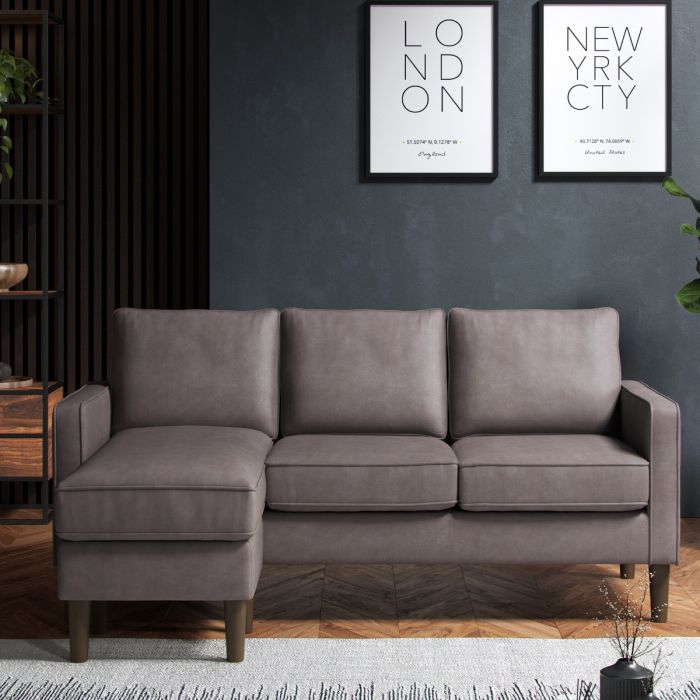 TREVANO Faux Leather 4 Seater Corner Sofa - L Shaped - Reversible Facing - Grey