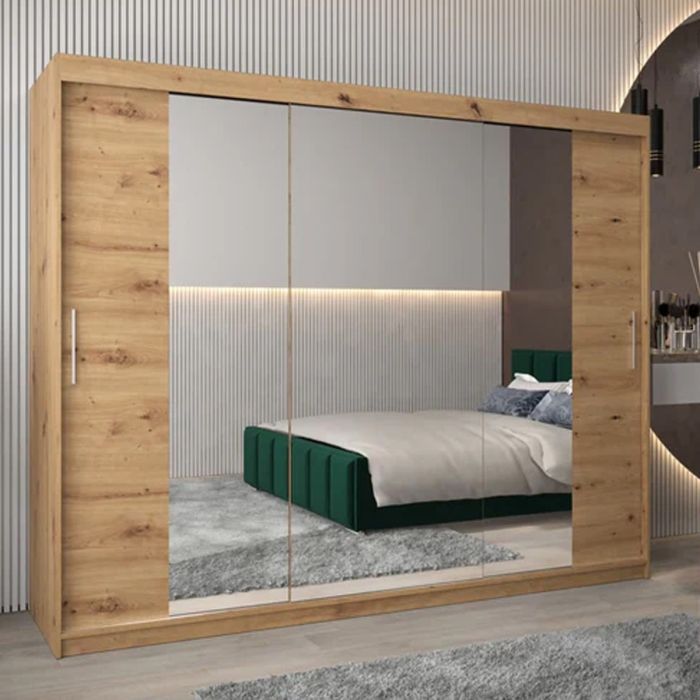 TIVERTON II 3 Door Mirrored Sliding Wardrobe Medium Oak - 250cm