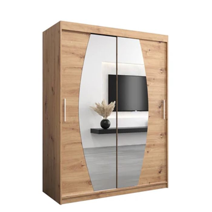 WRIGHT 2 Door Mirrored Sliding Wardrobe Medium Oak - 150cm