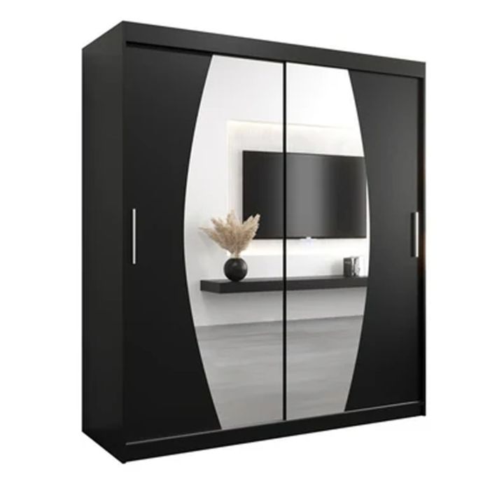 WRIGHT 2 Door Mirrored Sliding Wardrobe Black - 180cm