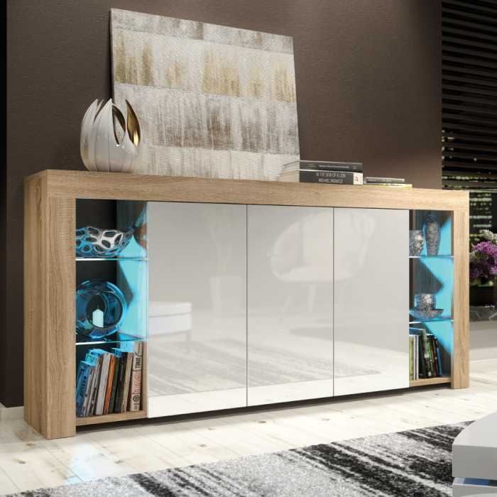 Cabinet Cupboard Sideboard TV Unit with Free LED Lighting and Storage 164cm - Oak and White