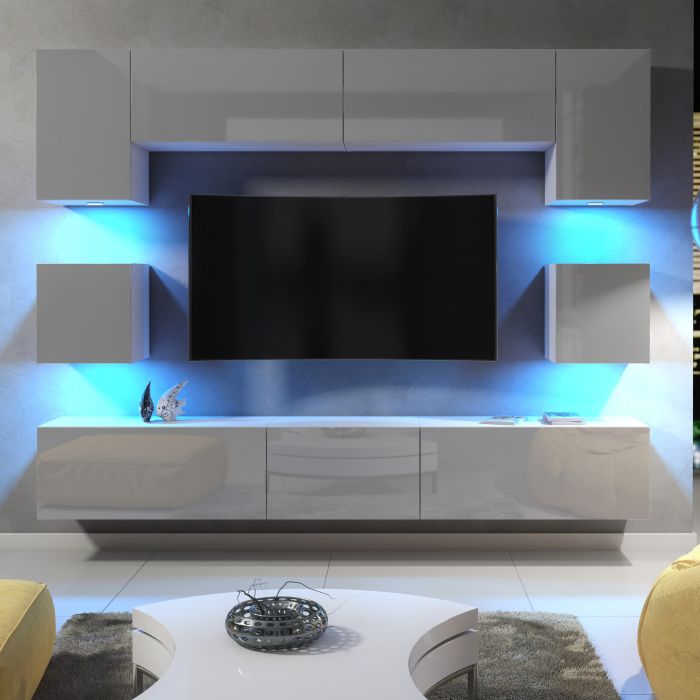 Modern Living Room Set with Cupboard TV Unit Cabinet and Wall Storage with LED Lighting - White and Grey