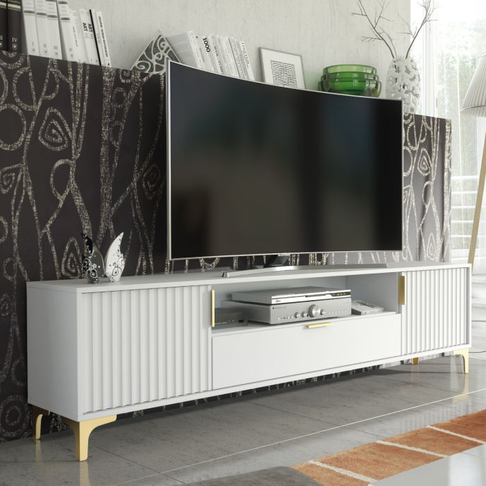 ZAMBA Modern TV Unit Cabinet Elegant Fluted Doors And Gold Accents 120cm - White