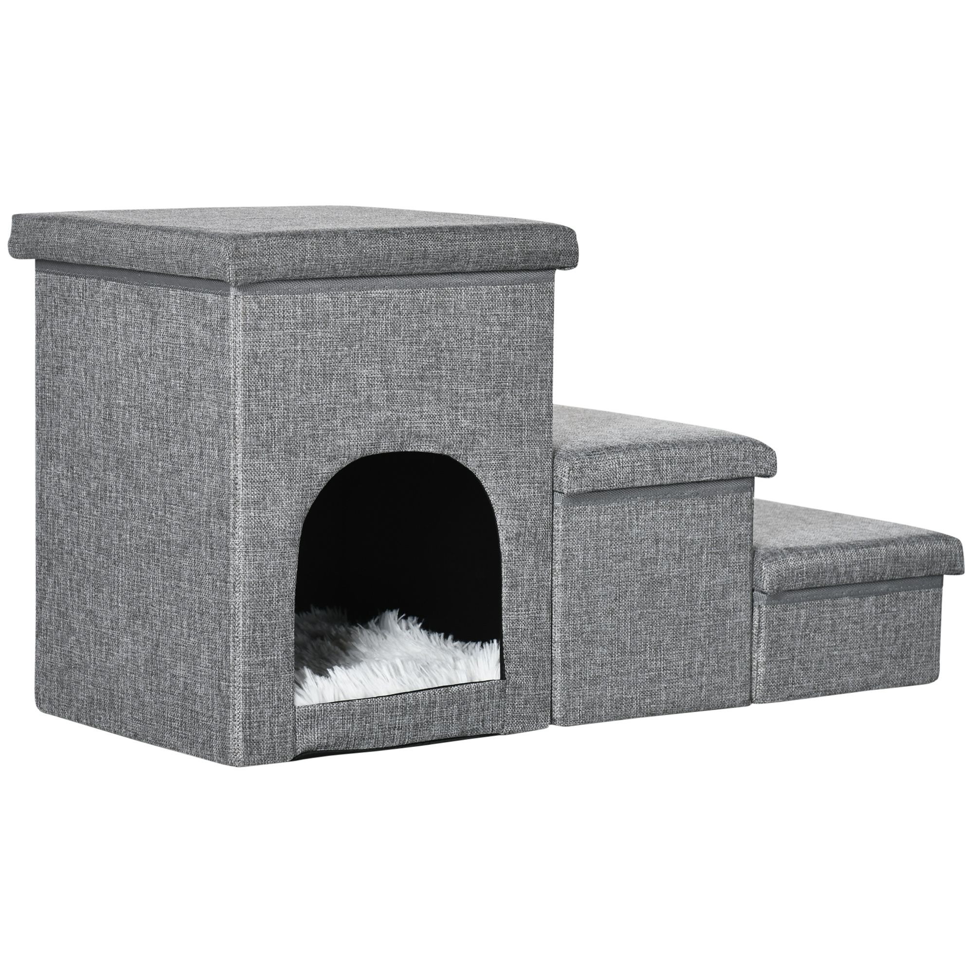 Dog Steps 3-step Pet Stairs with Kitten House and Storage Boxes
