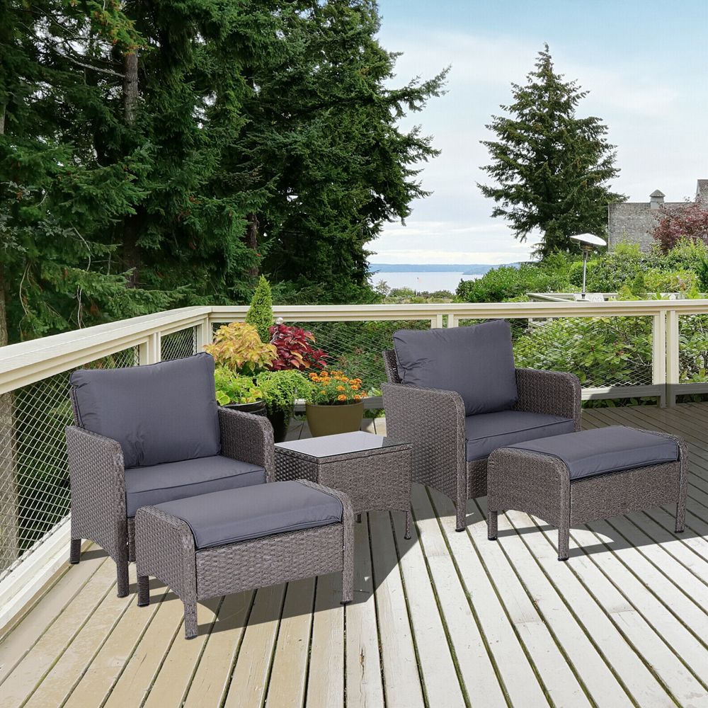 Poly Rattan Garden Chair Table Set with Footstool 5Pcs Grey