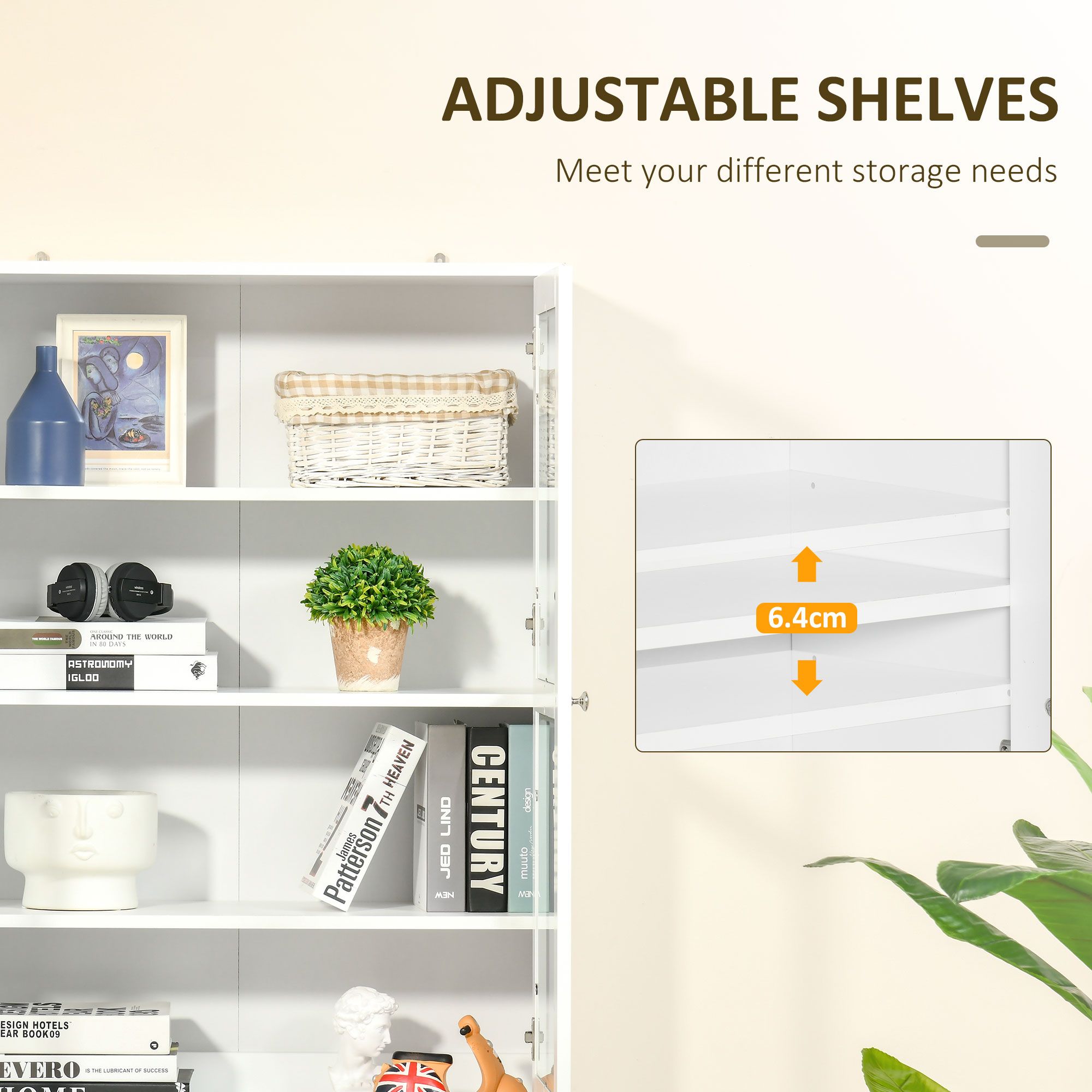 Modern Bookcase with Doors, Display Storage with Adjustable