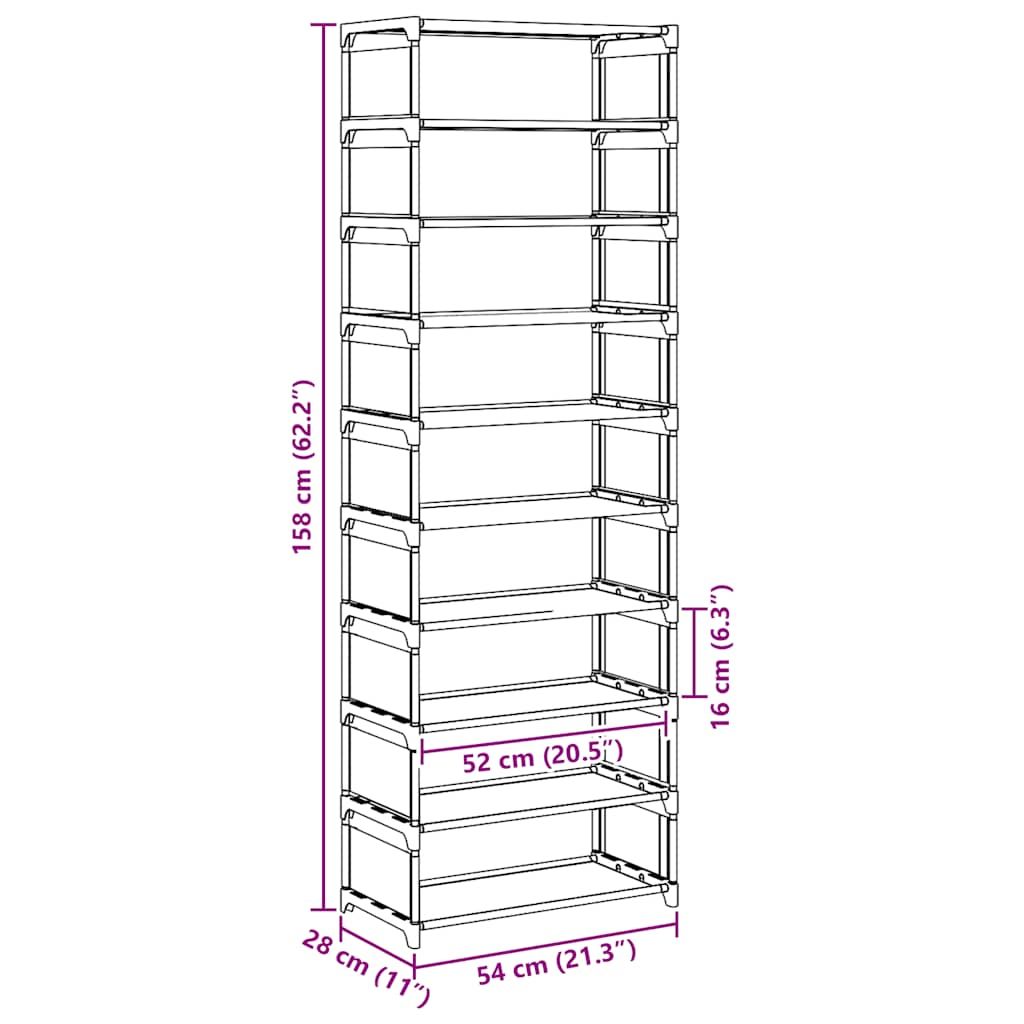 XAVIER Tall Shoe Rack 10-Tier Grey Non-woven Fabric