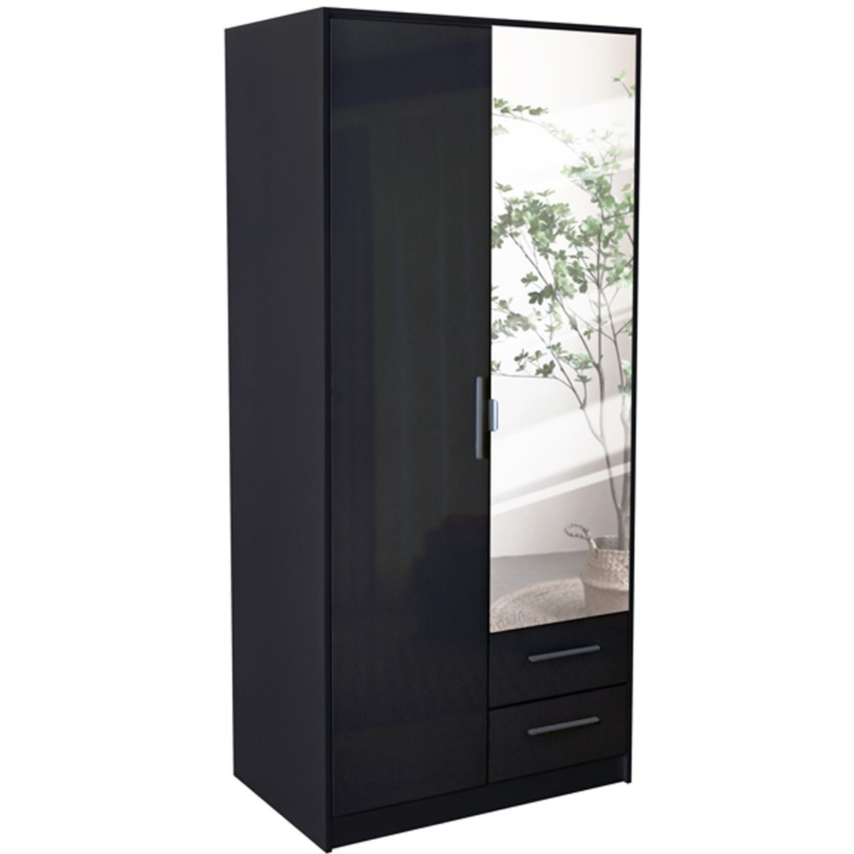 Wardrobe WINSTEAD 2 Door Mirrored Wardrobe Black 90cm