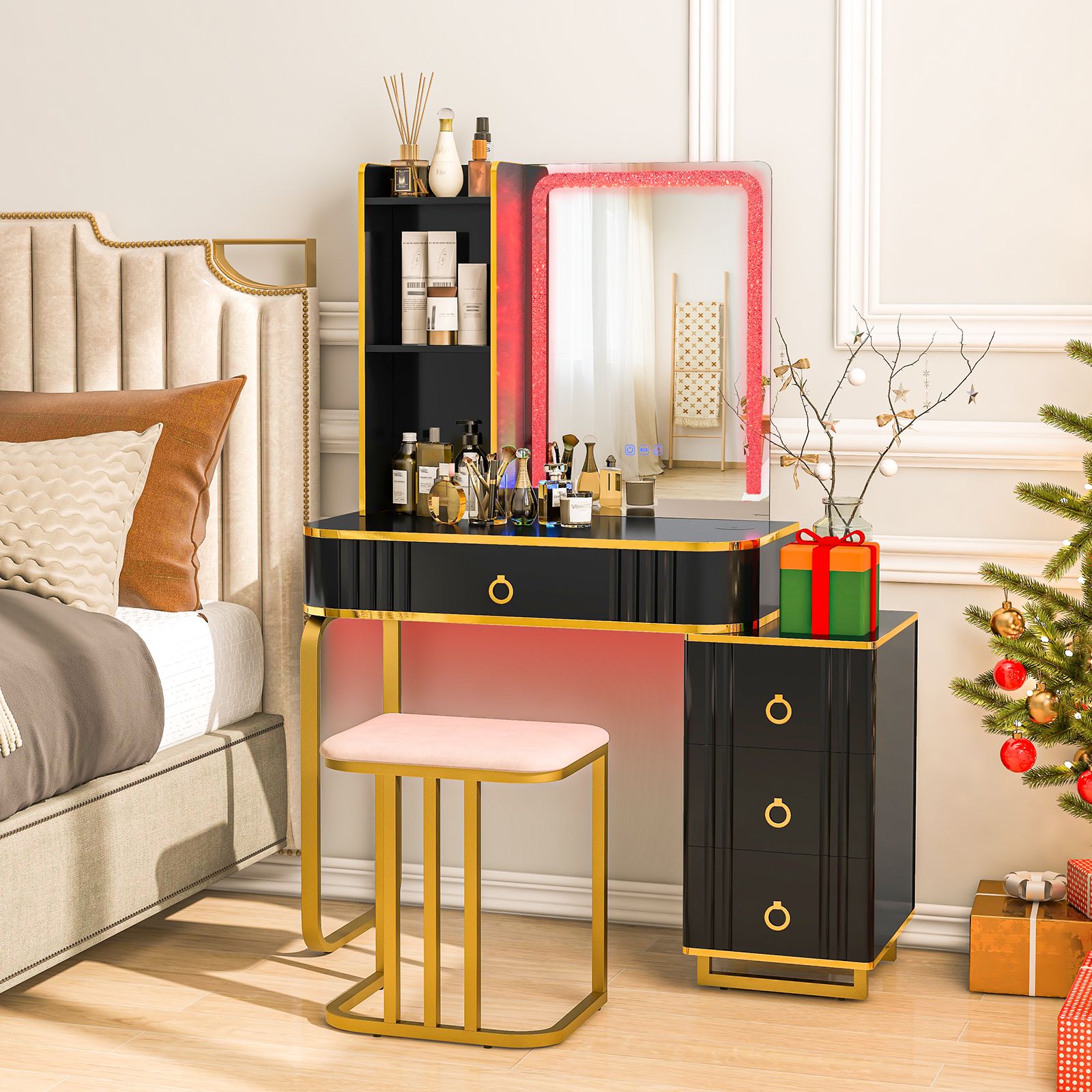 Black Makeup Vanity With Lights & Mirror - 11 LED Bulbs, 7 Drawers, Adjustable Lighting, 40x100x140 Cm Dressing Table - View #10