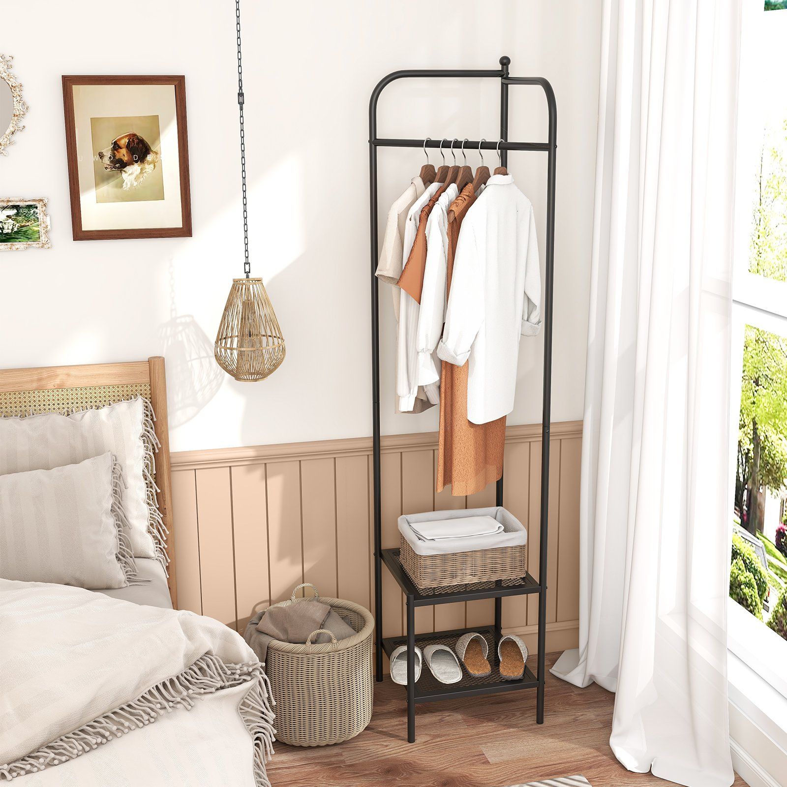 Coat Rack - Corner Coat Rack with Shelves and Top Hanger-Black