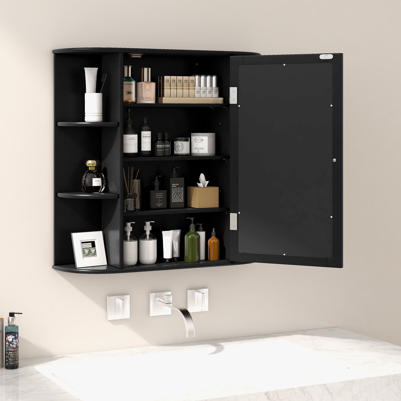 Bathroom Cabinet - 3-Tier Mirrored Wall Mounted Bathroom Cabinet-Black