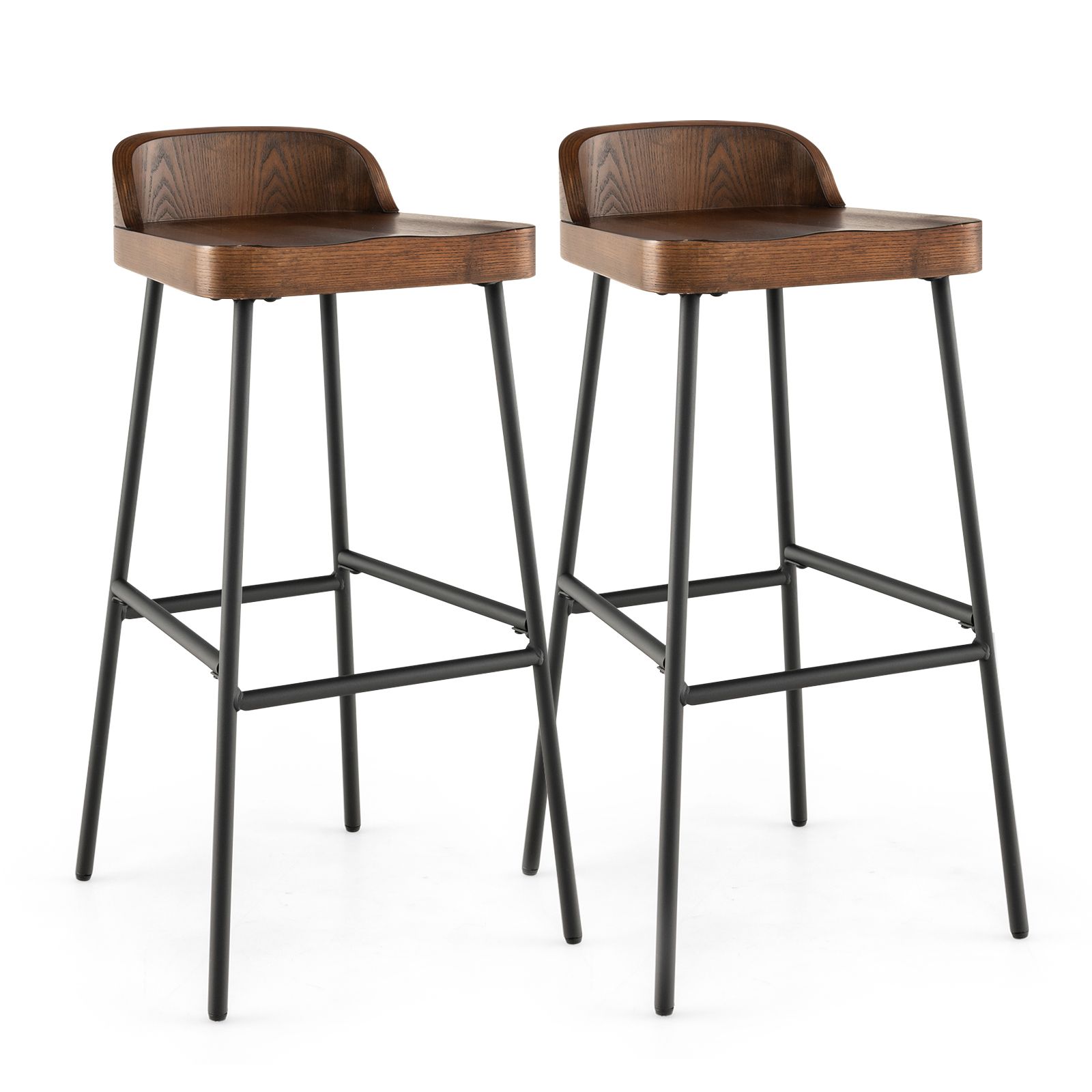 Wooden Bar Stool set of with Chic Low Back and Metal Legs-Brown