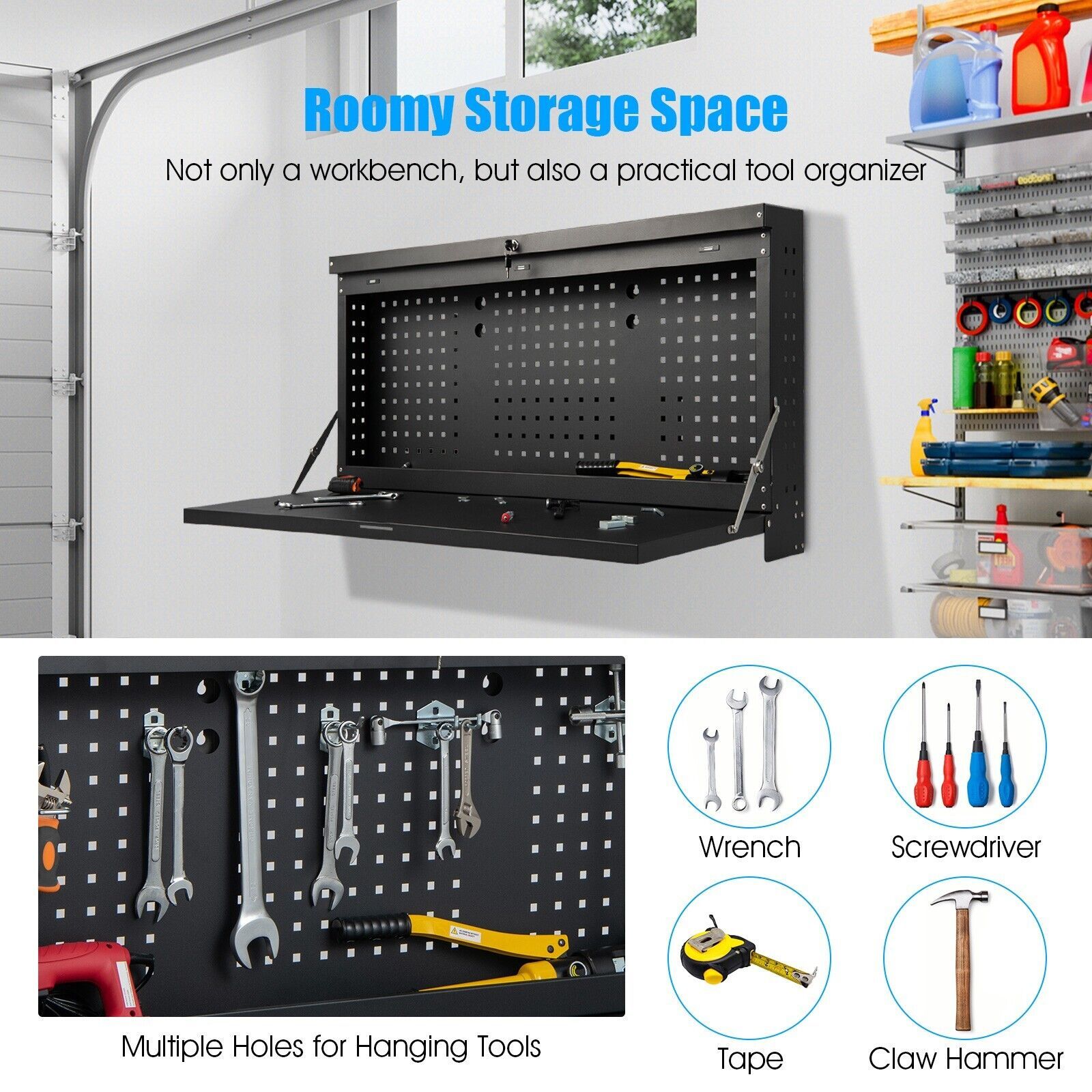 Wall-mounted Folding Workbench with Pegboard-Black