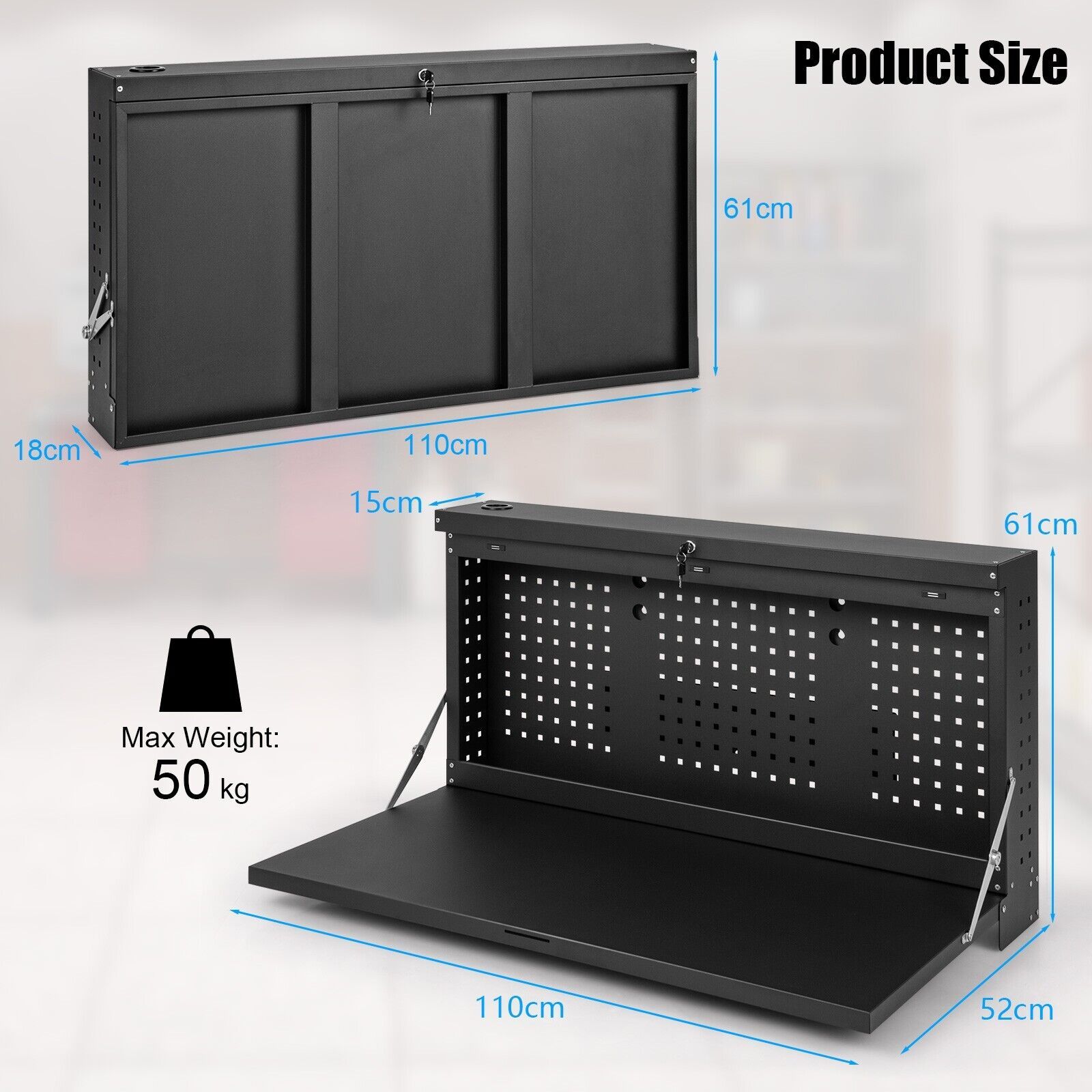 Wall-mounted Folding Workbench with Pegboard-Black