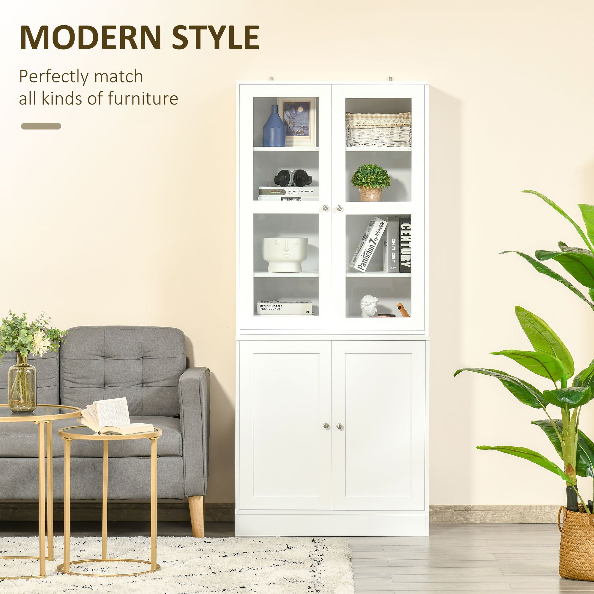 Modern Bookcase with Doors, Display Storage with Adjustable
