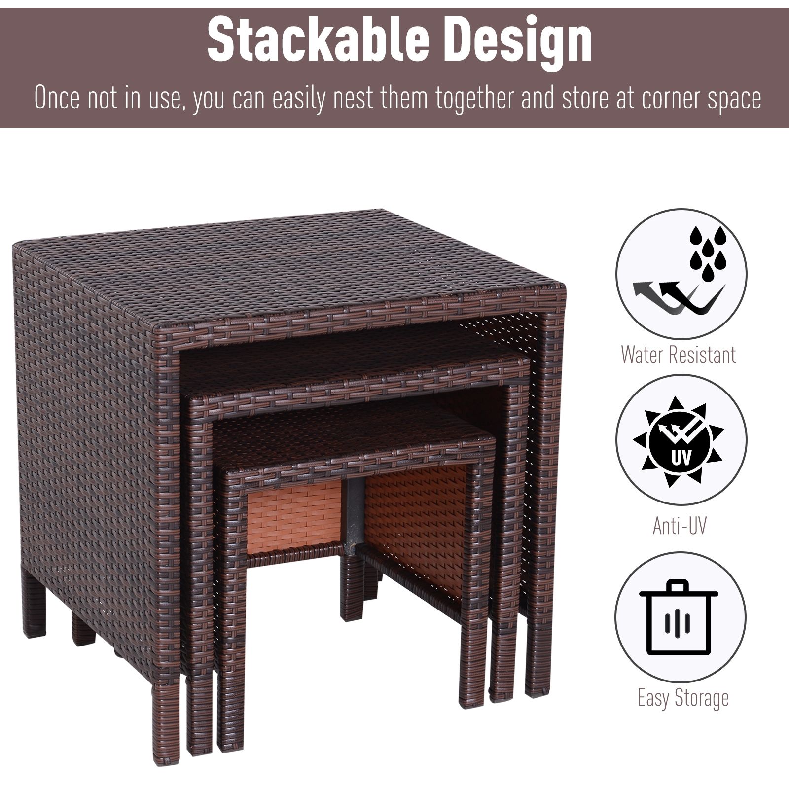 3PC Brown Woven Wicker Nesting Tables