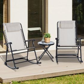 Foldable 3 Piece Outdoor Rocking Bistro Set 2 Chairs and 1 Tempered Glass Table - Beige