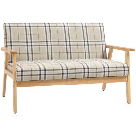 Compact Loveseat Couch Double Seat Sofa with Lattice Pattern and Rubber Wood Frame Beige and Coffee