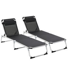 2 Pieces Foldable Sun Lounger with Pillow, 5-Level Adjustable Reclining Lounge Chair, Aluminium Frame Camping Bed Cot, Black