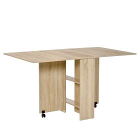 Mobile Drop Leaf Dining Kitchen Table Folding Desk For Small Spaces With 2 Wheels & 2 Storage Shelves Oak