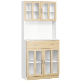 Modern Kitchen Cupboard, Freestanding Storage Cabinet Hutch with Central Drawer, 2 Glass Door Cabinets and Countertop,180cm