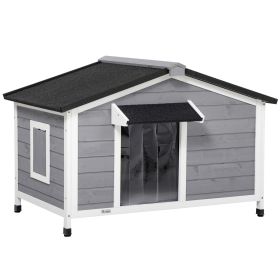 Large Wooden Dog Kennel Elevated Dog Kennels for Outside, w/ Openable Top, Asphalt Roof, Removable Tray, Adjustable Leg, Grey
