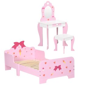 ZONEKIZ 3PCs Kids Bedroom Furniture Set with Bed, Dressing Table and Stool, Princess Themed, for 3-6 Years Old, Pink