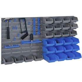 DURHAND 44 Piece Wall Mounted Tool Rack Organiser Storage Bins and Panel Set with Shelf Hook Screws Accessories Blue